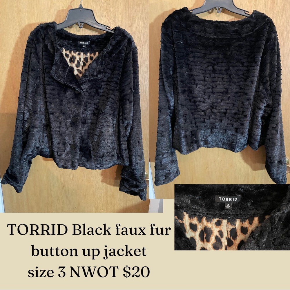 Torrid Black Faux Fur Jacket with Leopard Lining